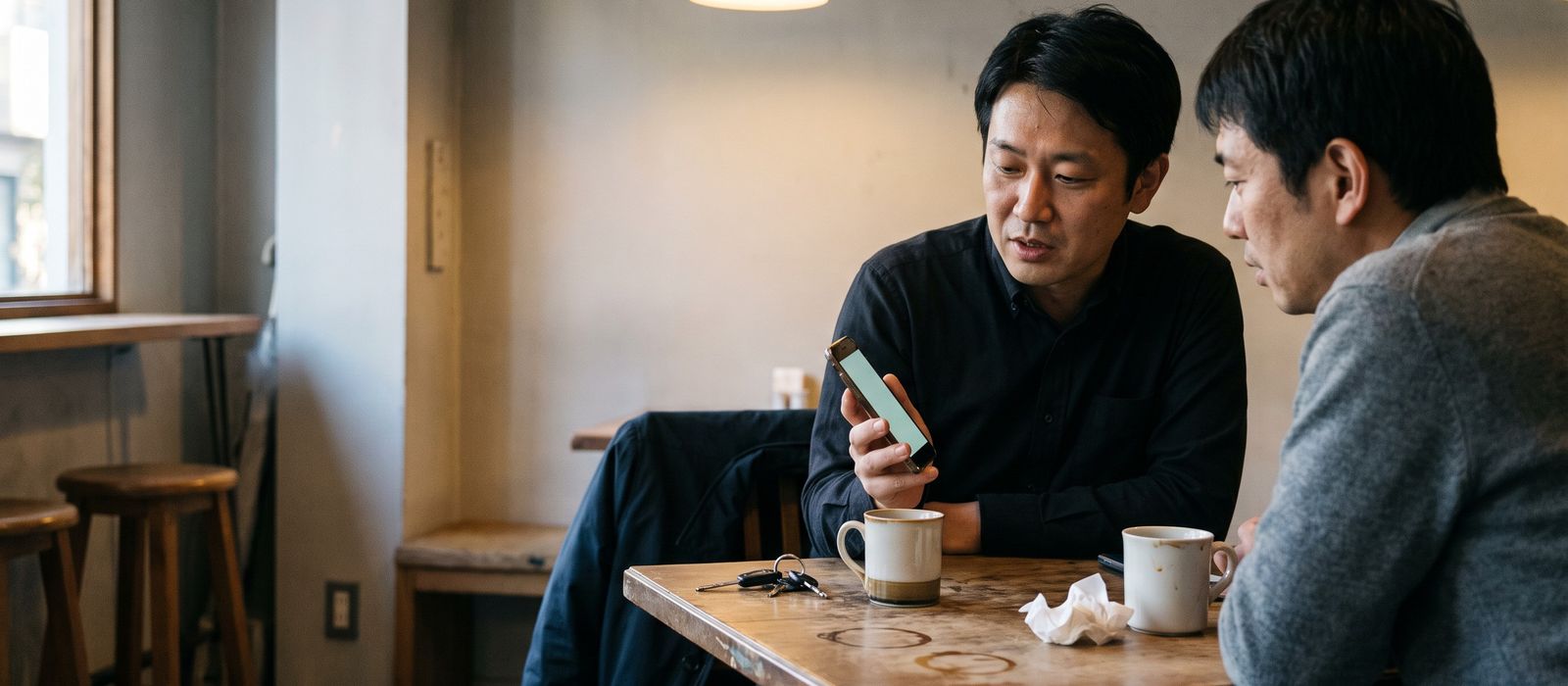 カフェのテーブルで知人にスマートフォンの画面を見せながら説明している様子