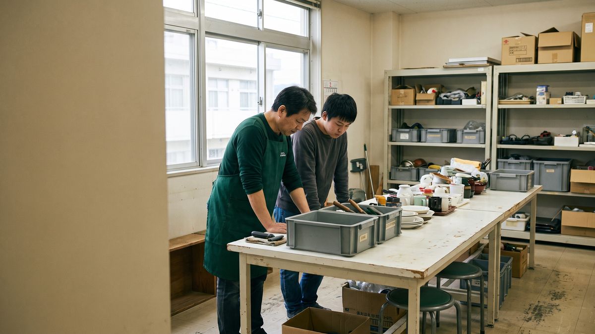 就労支援施設の作業室で中古の日用品を仕分けている様子
