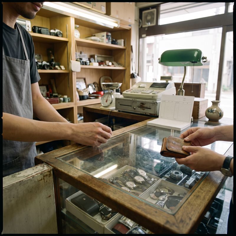 リユース買取店のカウンター越しに中古品を受け渡している様子
