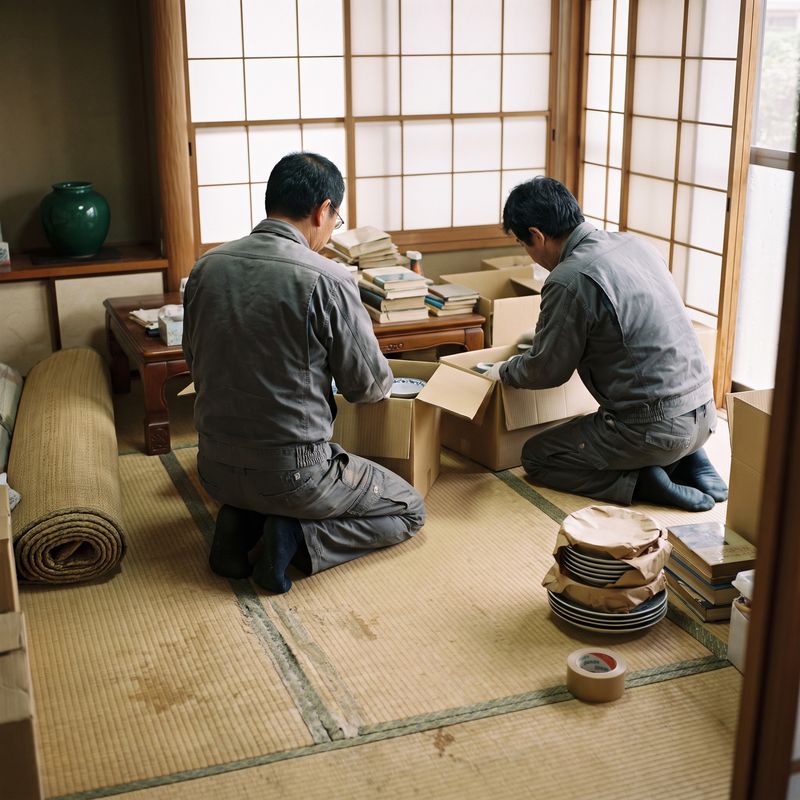 和室で遺品整理として食器や小物を仕分けている様子