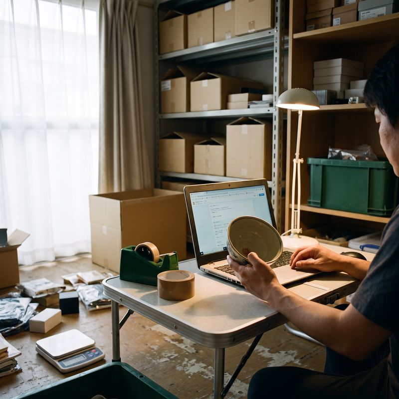 自宅の一室で中古品を秤に載せEC出品の準備をしている様子