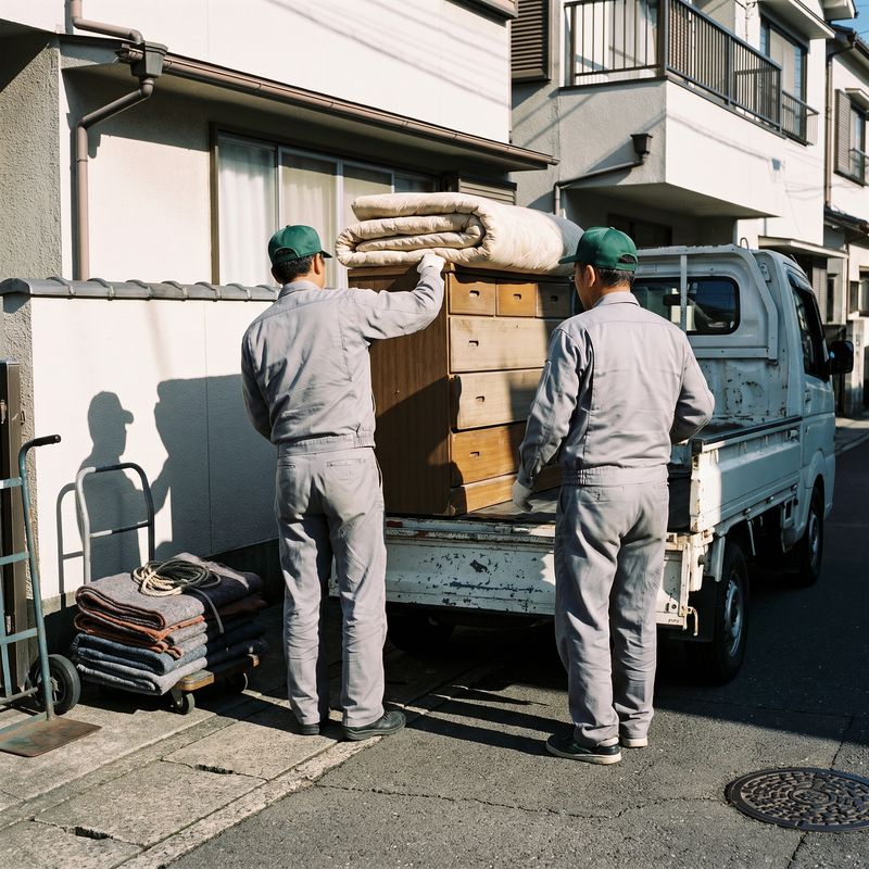 軽トラックへ回収した家具や布団を積み込む不用品回収の作業員
