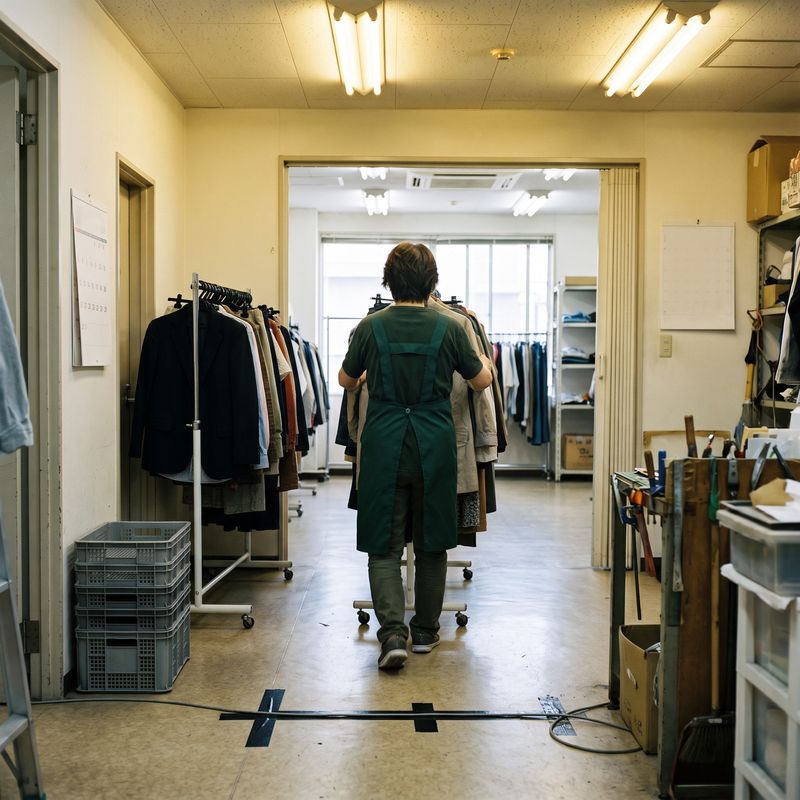同じ什器が並ぶ2部屋続きのリユース店バックヤードで衣類ラックを移動する店舗スタッフ